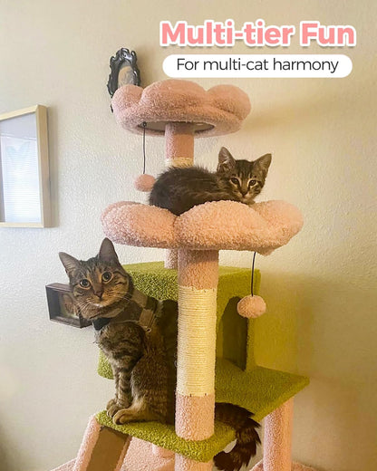 Cactus Cat Tree for Adult Cats with Super Large Top Perch, 56.3" Cat Tower for Cats with Plush Hammock, Dangling Pompom, Cat Scratching Posts and 2 Condos, Green House