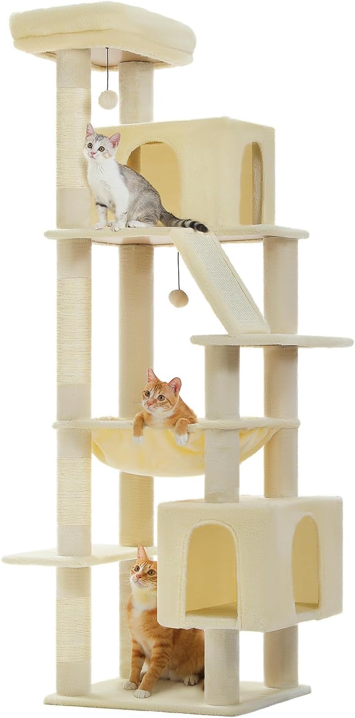 Cactus Cat Tree for Adult Cats with Super Large Top Perch, 56.3" Cat Tower for Cats with Plush Hammock, Dangling Pompom, Cat Scratching Posts and 2 Condos, Green House