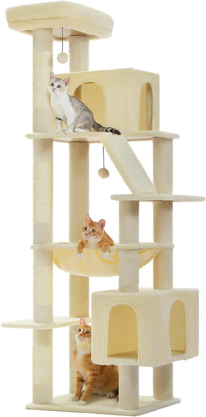 Cactus Cat Tree for Adult Cats with Super Large Top Perch, 56.3" Cat Tower for Cats with Plush Hammock, Dangling Pompom, Cat Scratching Posts and 2 Condos, Green House