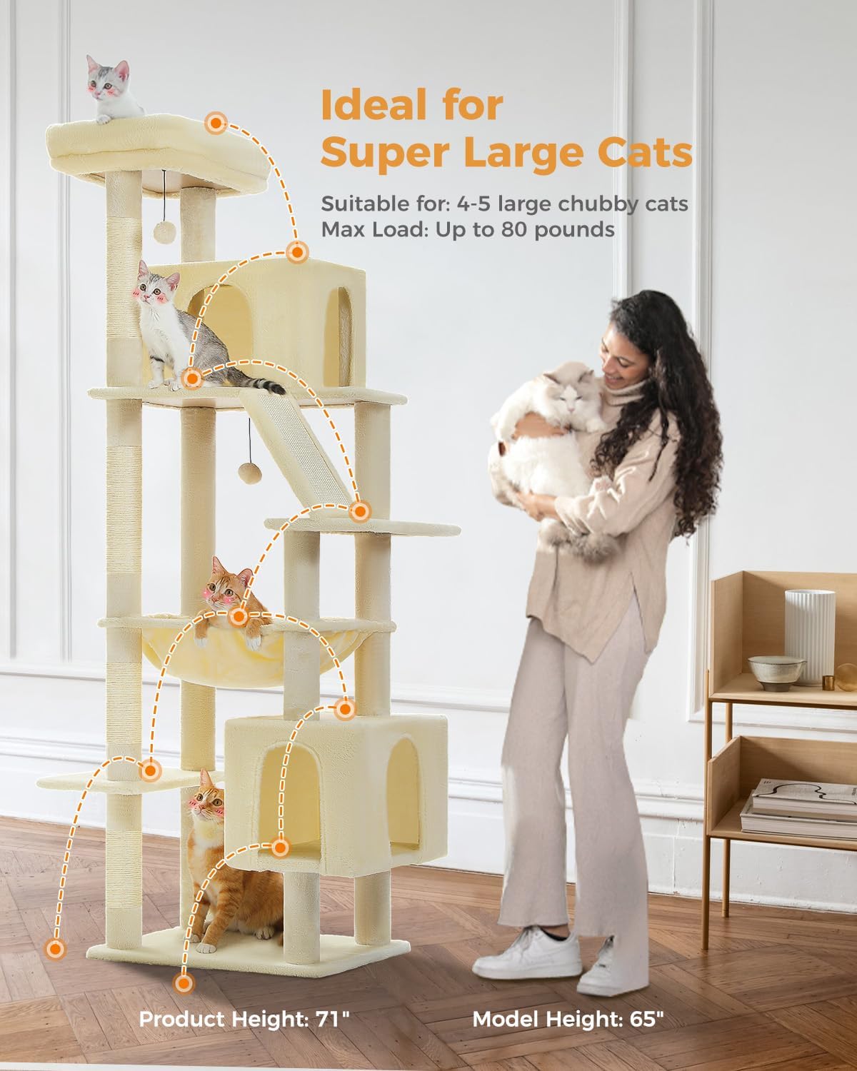 Cactus Cat Tree for Adult Cats with Super Large Top Perch, 56.3" Cat Tower for Cats with Plush Hammock, Dangling Pompom, Cat Scratching Posts and 2 Condos, Green House