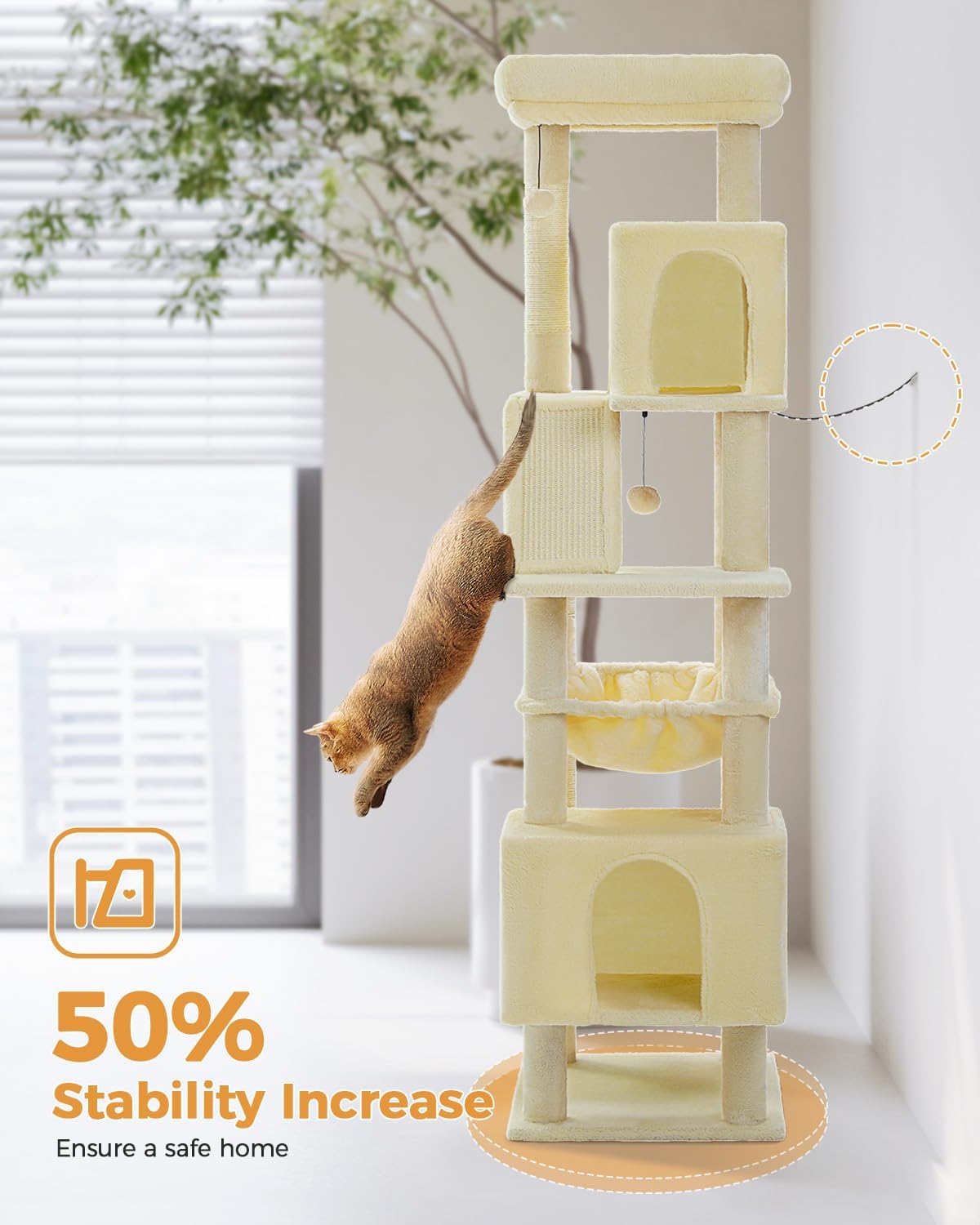 Cactus Cat Tree for Adult Cats with Super Large Top Perch, 56.3" Cat Tower for Cats with Plush Hammock, Dangling Pompom, Cat Scratching Posts and 2 Condos, Green House