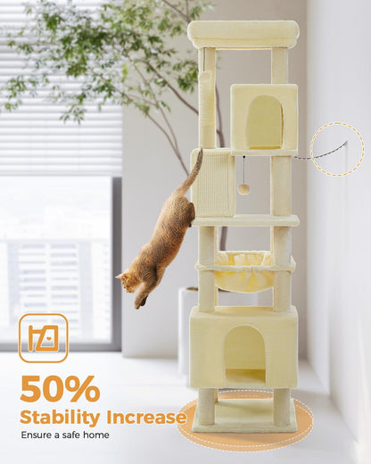 Cactus Cat Tree for Adult Cats with Super Large Top Perch, 56.3" Cat Tower for Cats with Plush Hammock, Dangling Pompom, Cat Scratching Posts and 2 Condos, Green House