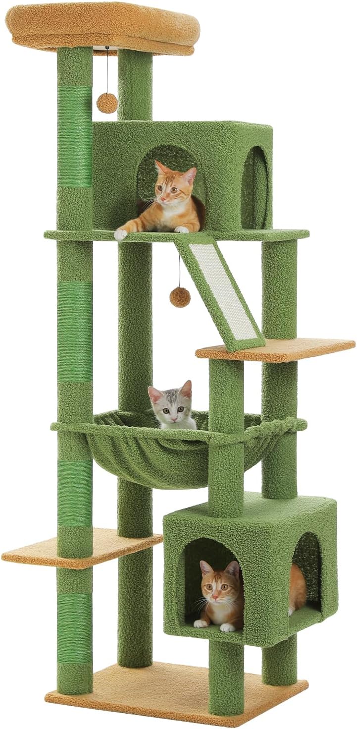 Cactus Cat Tree for Adult Cats with Super Large Top Perch, 56.3" Cat Tower for Cats with Plush Hammock, Dangling Pompom, Cat Scratching Posts and 2 Condos, Green House