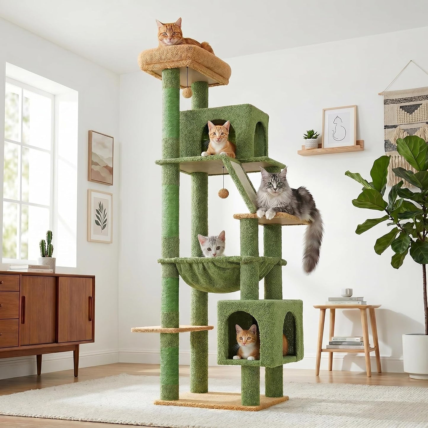 Cactus Cat Tree for Adult Cats with Super Large Top Perch, 56.3" Cat Tower for Cats with Plush Hammock, Dangling Pompom, Cat Scratching Posts and 2 Condos, Green House