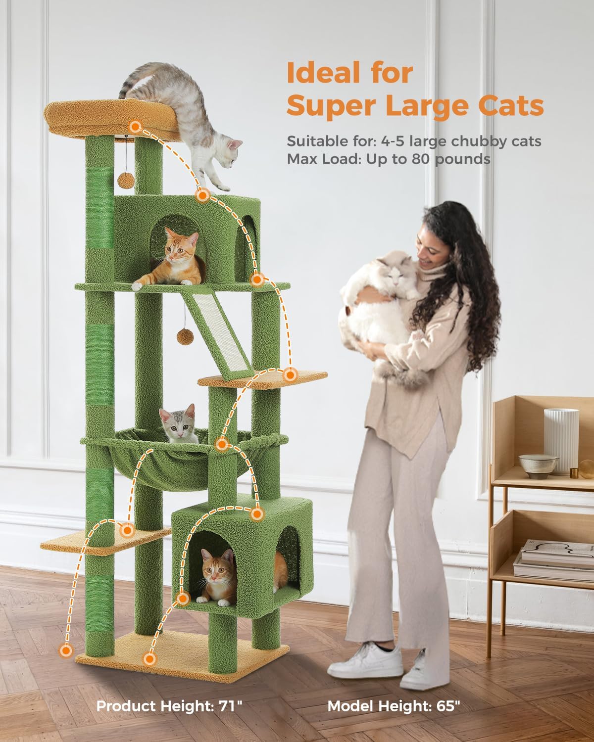 Cactus Cat Tree for Adult Cats with Super Large Top Perch, 56.3" Cat Tower for Cats with Plush Hammock, Dangling Pompom, Cat Scratching Posts and 2 Condos, Green House