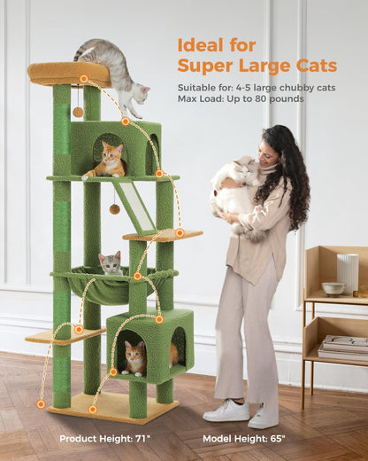 Cactus Cat Tree for Adult Cats with Super Large Top Perch, 56.3" Cat Tower for Cats with Plush Hammock, Dangling Pompom, Cat Scratching Posts and 2 Condos, Green House