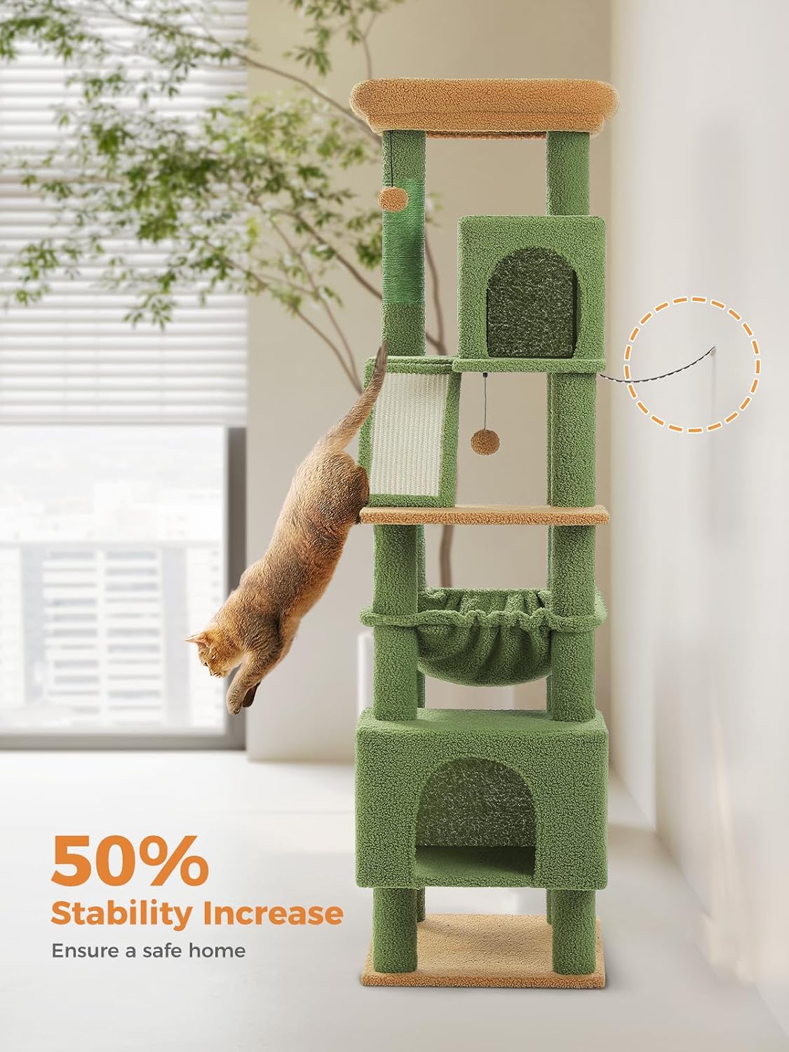 Cactus Cat Tree for Adult Cats with Super Large Top Perch, 56.3" Cat Tower for Cats with Plush Hammock, Dangling Pompom, Cat Scratching Posts and 2 Condos, Green House