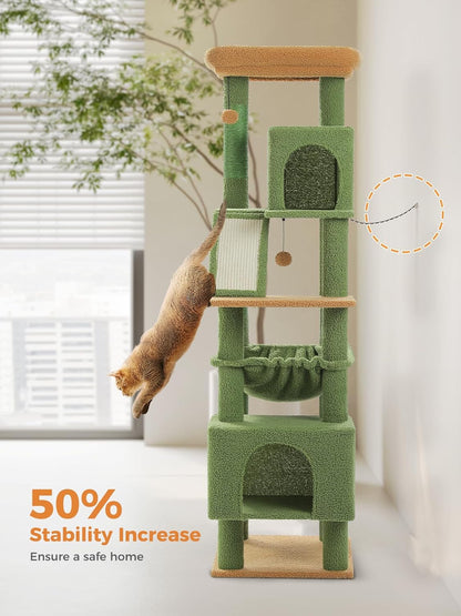 Cactus Cat Tree for Adult Cats with Super Large Top Perch, 56.3" Cat Tower for Cats with Plush Hammock, Dangling Pompom, Cat Scratching Posts and 2 Condos, Green House