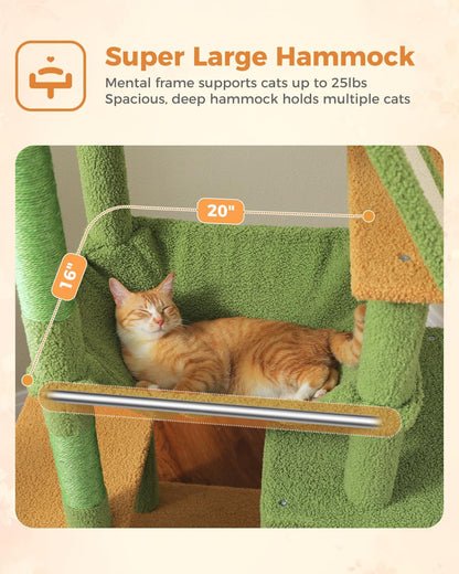 Cactus Cat Tree for Adult Cats with Super Large Top Perch, 56.3" Cat Tower for Cats with Plush Hammock, Dangling Pompom, Cat Scratching Posts and 2 Condos, Green House