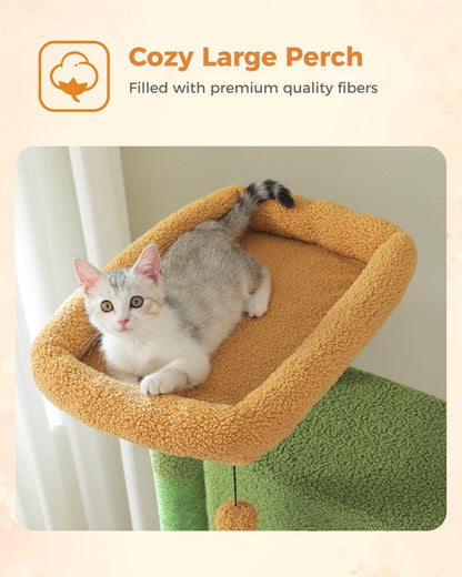 Cactus Cat Tree for Adult Cats with Super Large Top Perch, 56.3" Cat Tower for Cats with Plush Hammock, Dangling Pompom, Cat Scratching Posts and 2 Condos, Green House