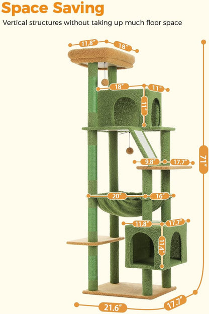 Cactus Cat Tree for Adult Cats with Super Large Top Perch, 56.3" Cat Tower for Cats with Plush Hammock, Dangling Pompom, Cat Scratching Posts and 2 Condos, Green House