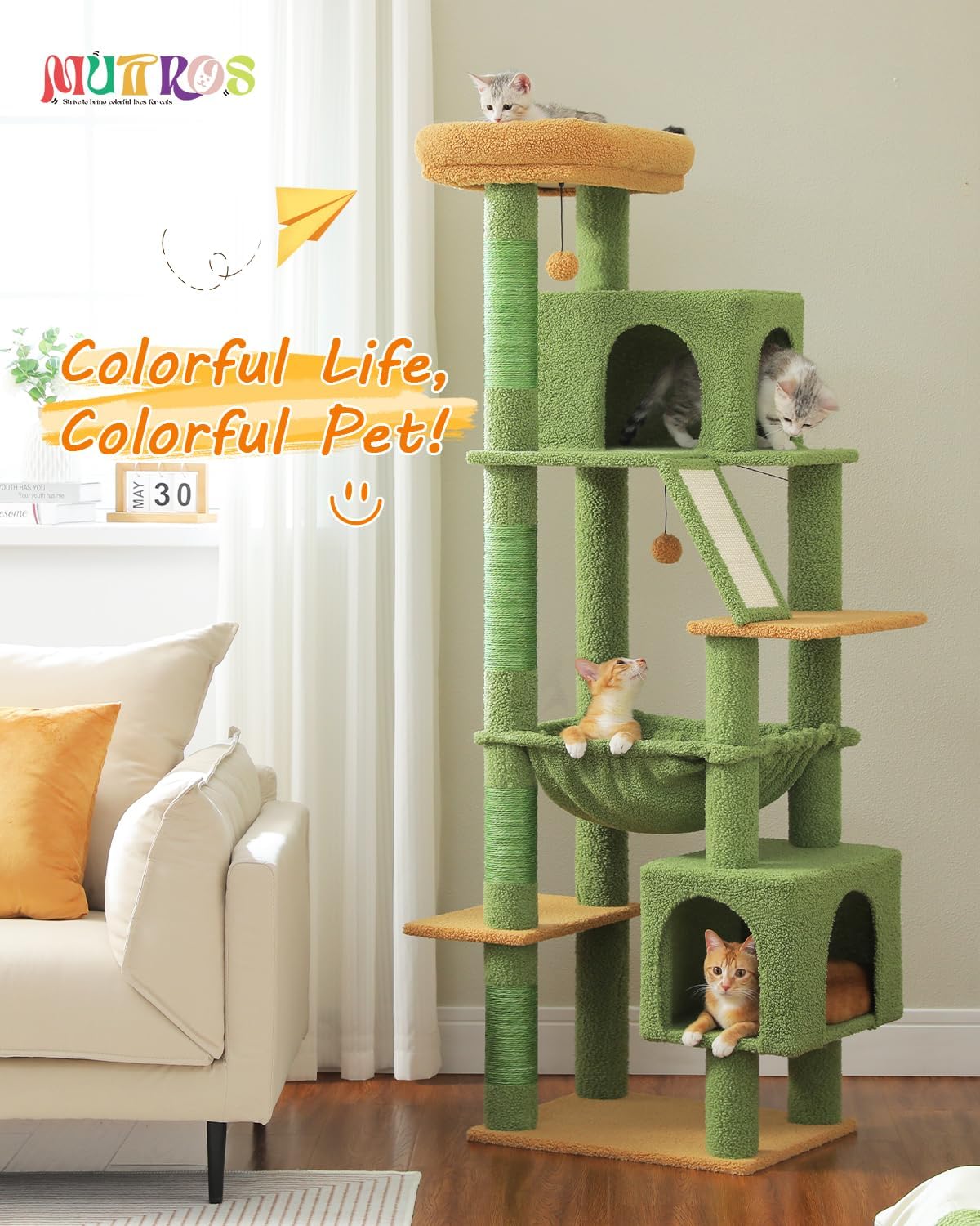 Cactus Cat Tree for Adult Cats with Super Large Top Perch, 56.3" Cat Tower for Cats with Plush Hammock, Dangling Pompom, Cat Scratching Posts and 2 Condos, Green House