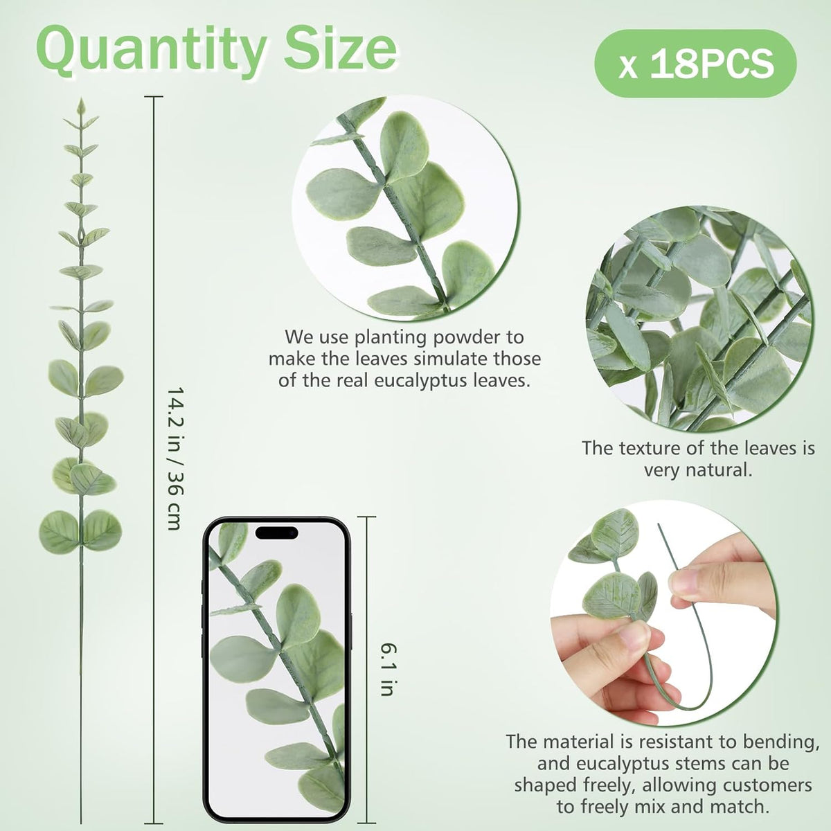 18pcs Eucalyptus Stems Greenery Stems Fake Leaves Artificial Dried Flowers Bouquet Faux Branches Centerpiece Flores Plants for Home Party Decor Wedding Decoration
