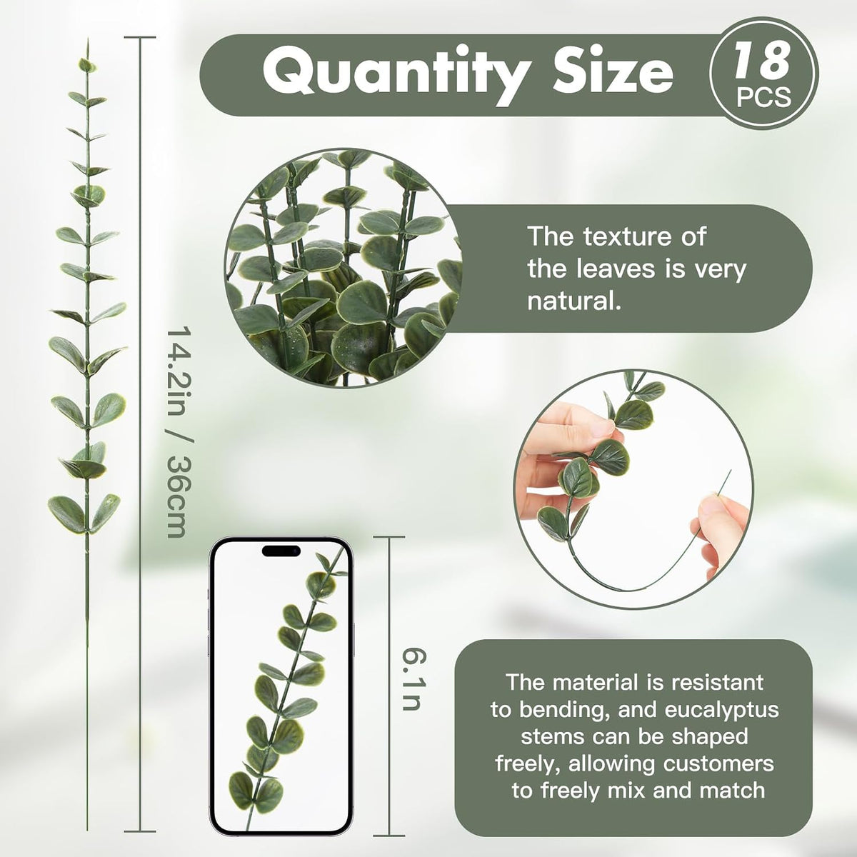 18pcs Eucalyptus Stems Greenery Stems Fake Leaves Artificial Dried Flowers Bouquet Faux Branches Centerpiece Flores Plants for Home Party Decor Wedding Decoration