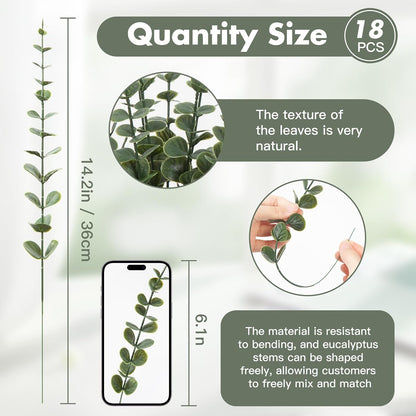 18pcs Eucalyptus Stems Greenery Stems Fake Leaves Artificial Dried Flowers Bouquet Faux Branches Centerpiece Flores Plants for Home Party Decor Wedding Decoration