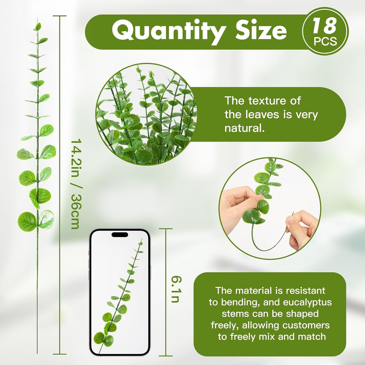 18pcs Eucalyptus Stems Greenery Stems Fake Leaves Artificial Dried Flowers Bouquet Faux Branches Centerpiece Flores Plants for Home Party Decor Wedding Decoration