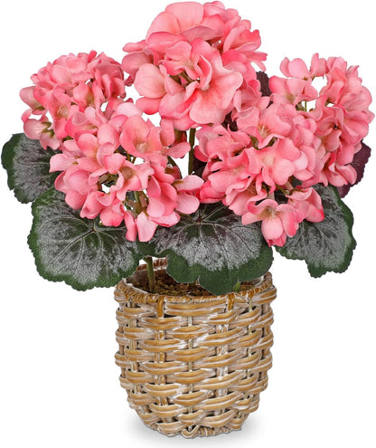 Artificial Geranium Potted Plant – 16” Tall, Realistic Silk Flowers with Vibrant Green Leaves, Pink White Geraniums Fake Flowers for Outdoors Home Décor, Wedding Farmhouse Office Tables Decor