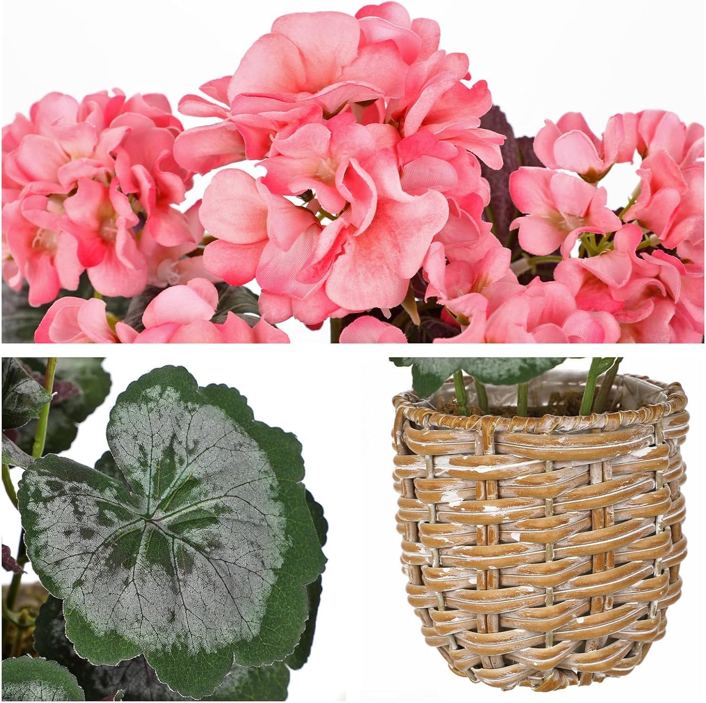 Artificial Geranium Potted Plant – 16” Tall, Realistic Silk Flowers with Vibrant Green Leaves, Pink White Geraniums Fake Flowers for Outdoors Home Décor, Wedding Farmhouse Office Tables Decor