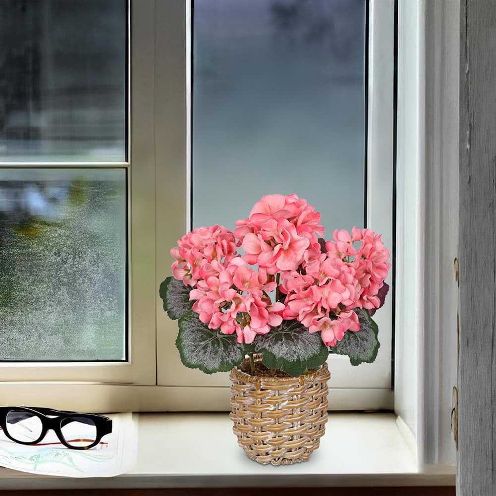 Artificial Geranium Potted Plant – 16” Tall, Realistic Silk Flowers with Vibrant Green Leaves, Pink White Geraniums Fake Flowers for Outdoors Home Décor, Wedding Farmhouse Office Tables Decor