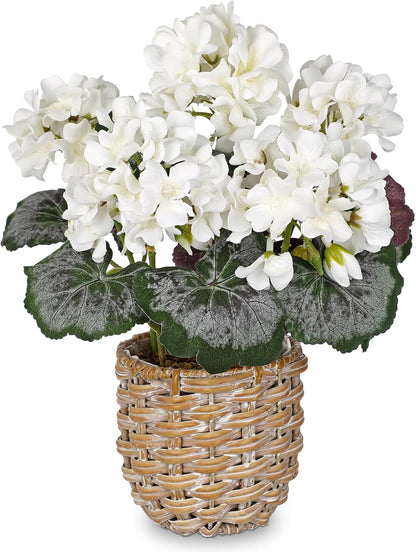 Artificial Geranium Potted Plant – 16” Tall, Realistic Silk Flowers with Vibrant Green Leaves, Pink White Geraniums Fake Flowers for Outdoors Home Décor, Wedding Farmhouse Office Tables Decor