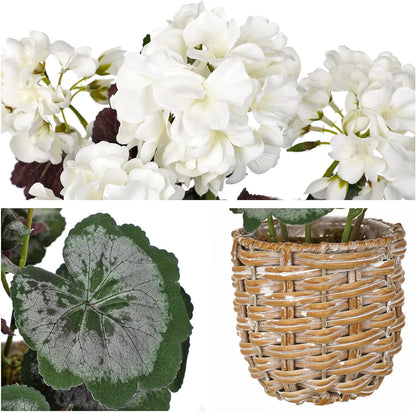 Artificial Geranium Potted Plant – 16” Tall, Realistic Silk Flowers with Vibrant Green Leaves, Pink White Geraniums Fake Flowers for Outdoors Home Décor, Wedding Farmhouse Office Tables Decor