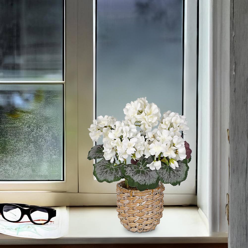 Artificial Geranium Potted Plant – 16” Tall, Realistic Silk Flowers with Vibrant Green Leaves, Pink White Geraniums Fake Flowers for Outdoors Home Décor, Wedding Farmhouse Office Tables Decor