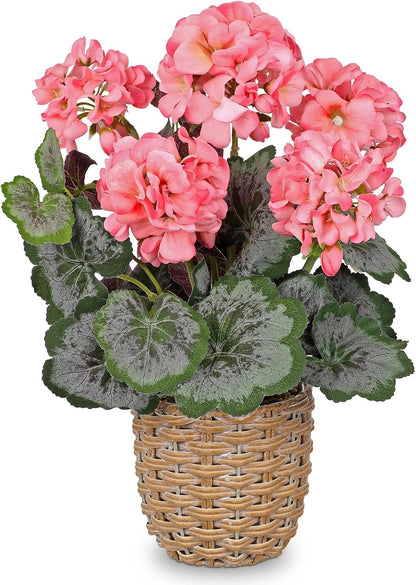 Artificial Geranium Potted Plant – 16” Tall, Realistic Silk Flowers with Vibrant Green Leaves, Pink White Geraniums Fake Flowers for Outdoors Home Décor, Wedding Farmhouse Office Tables Decor