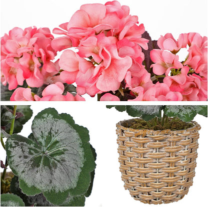 Artificial Geranium Potted Plant – 16” Tall, Realistic Silk Flowers with Vibrant Green Leaves, Pink White Geraniums Fake Flowers for Outdoors Home Décor, Wedding Farmhouse Office Tables Decor