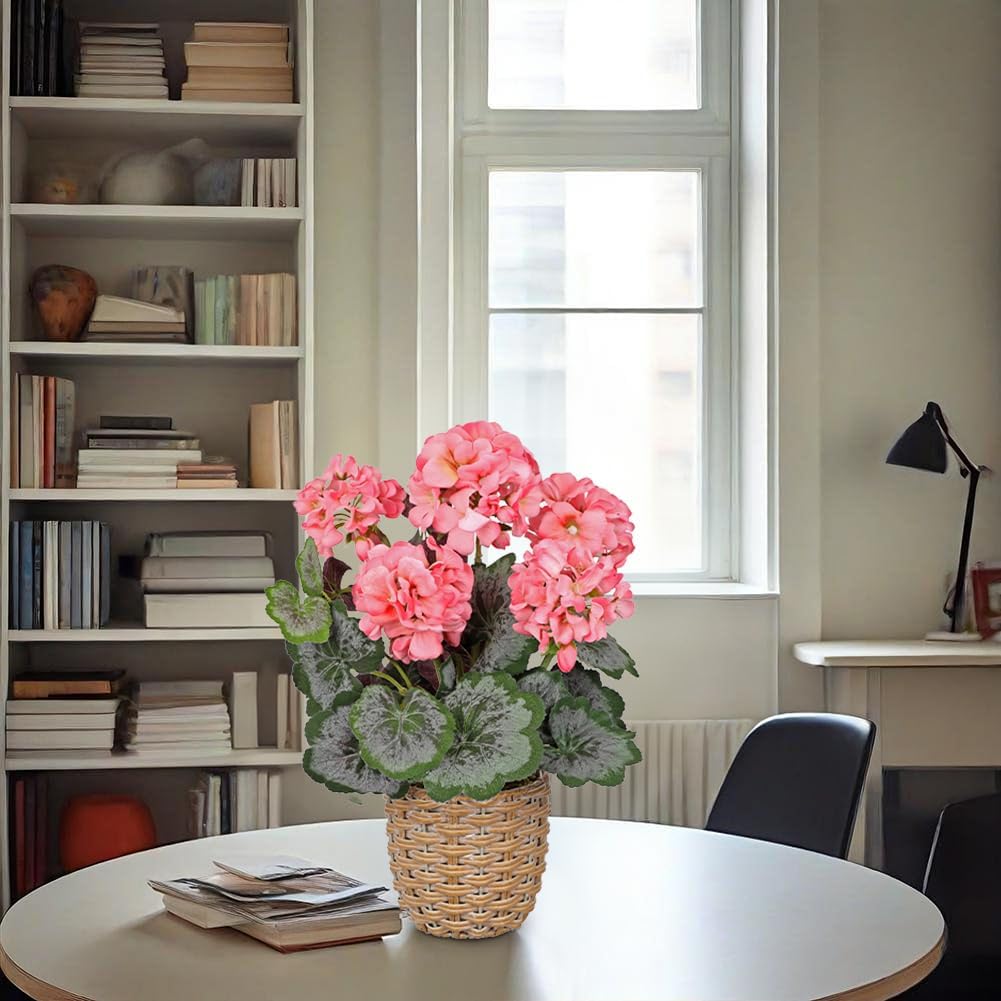 Artificial Geranium Potted Plant – 16” Tall, Realistic Silk Flowers with Vibrant Green Leaves, Pink White Geraniums Fake Flowers for Outdoors Home Décor, Wedding Farmhouse Office Tables Decor