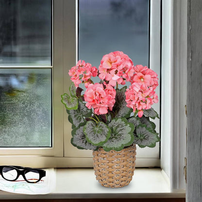 Artificial Geranium Potted Plant – 16” Tall, Realistic Silk Flowers with Vibrant Green Leaves, Pink White Geraniums Fake Flowers for Outdoors Home Décor, Wedding Farmhouse Office Tables Decor