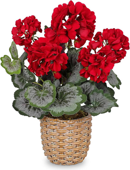 Artificial Geranium Potted Plant – 16” Tall, Realistic Silk Flowers with Vibrant Green Leaves, Pink White Geraniums Fake Flowers for Outdoors Home Décor, Wedding Farmhouse Office Tables Decor