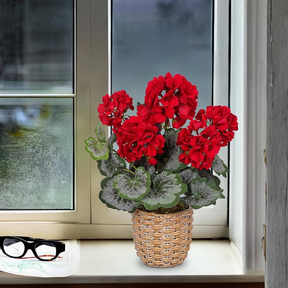 Artificial Geranium Potted Plant – 16” Tall, Realistic Silk Flowers with Vibrant Green Leaves, Pink White Geraniums Fake Flowers for Outdoors Home Décor, Wedding Farmhouse Office Tables Decor