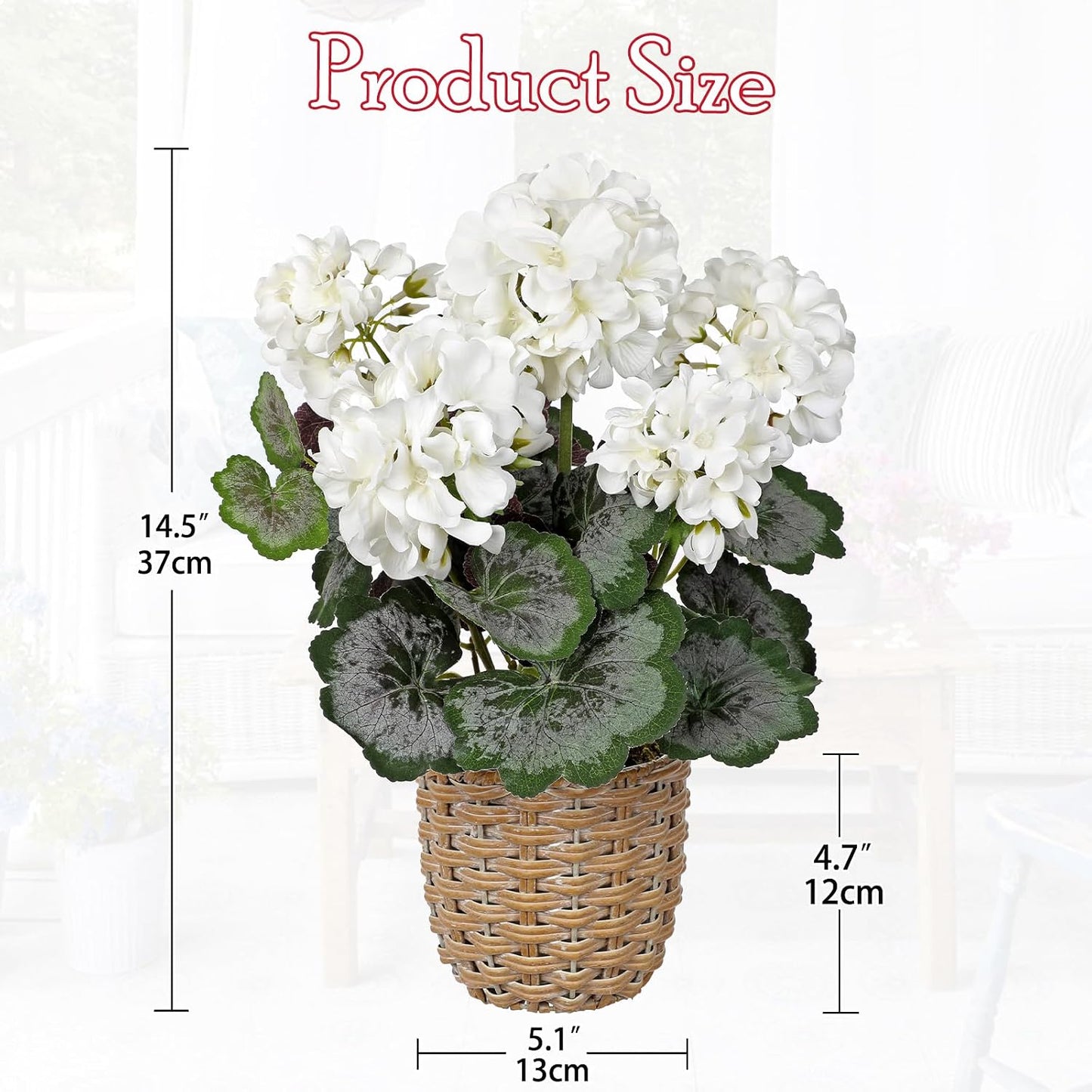 Artificial Geranium Potted Plant – 16” Tall, Realistic Silk Flowers with Vibrant Green Leaves, Pink White Geraniums Fake Flowers for Outdoors Home Décor, Wedding Farmhouse Office Tables Decor