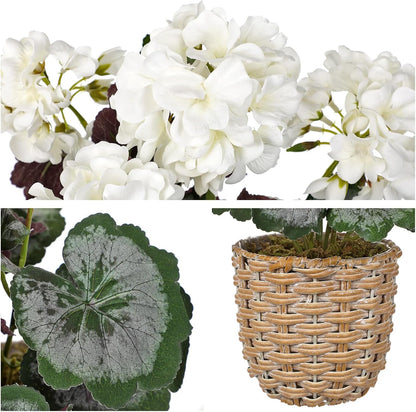 Artificial Geranium Potted Plant – 16” Tall, Realistic Silk Flowers with Vibrant Green Leaves, Pink White Geraniums Fake Flowers for Outdoors Home Décor, Wedding Farmhouse Office Tables Decor