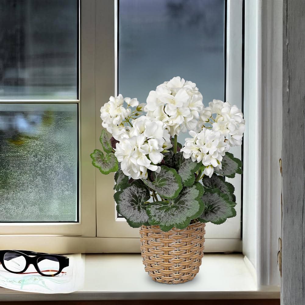Artificial Geranium Potted Plant – 16” Tall, Realistic Silk Flowers with Vibrant Green Leaves, Pink White Geraniums Fake Flowers for Outdoors Home Décor, Wedding Farmhouse Office Tables Decor