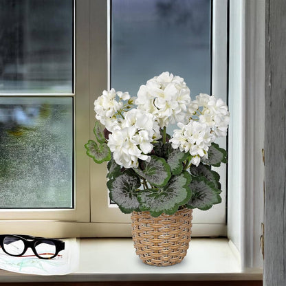 Artificial Geranium Potted Plant – 16” Tall, Realistic Silk Flowers with Vibrant Green Leaves, Pink White Geraniums Fake Flowers for Outdoors Home Décor, Wedding Farmhouse Office Tables Decor