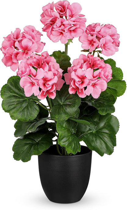 Artificial Geranium Potted Plant – 16” Tall, Realistic Silk Flowers with Vibrant Green Leaves, Pink White Geraniums Fake Flowers for Outdoors Home Décor, Wedding Farmhouse Office Tables Decor