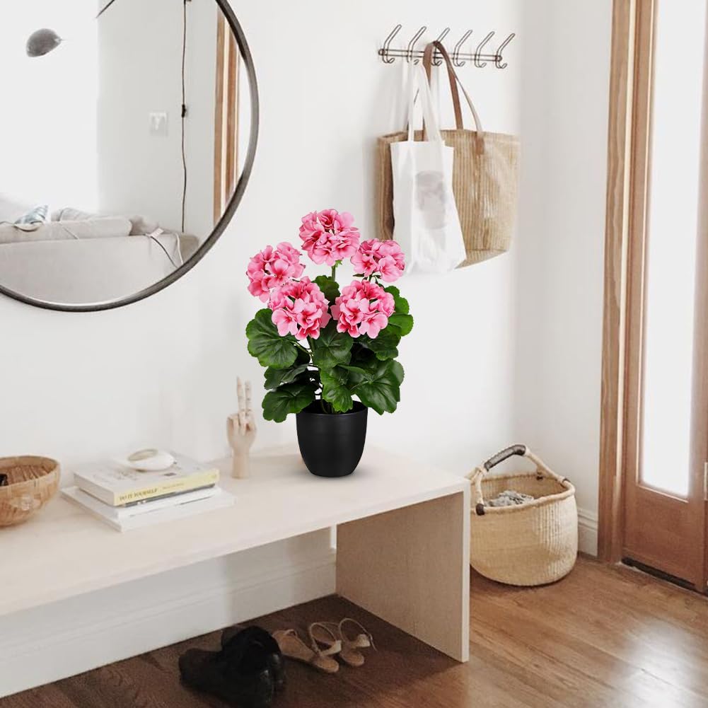 Artificial Geranium Potted Plant – 16” Tall, Realistic Silk Flowers with Vibrant Green Leaves, Pink White Geraniums Fake Flowers for Outdoors Home Décor, Wedding Farmhouse Office Tables Decor