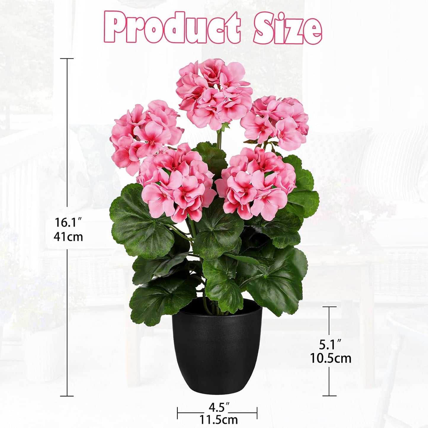 Artificial Geranium Potted Plant – 16” Tall, Realistic Silk Flowers with Vibrant Green Leaves, Pink White Geraniums Fake Flowers for Outdoors Home Décor, Wedding Farmhouse Office Tables Decor