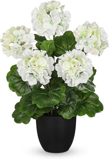 Artificial Geranium Potted Plant – 16” Tall, Realistic Silk Flowers with Vibrant Green Leaves, Pink White Geraniums Fake Flowers for Outdoors Home Décor, Wedding Farmhouse Office Tables Decor