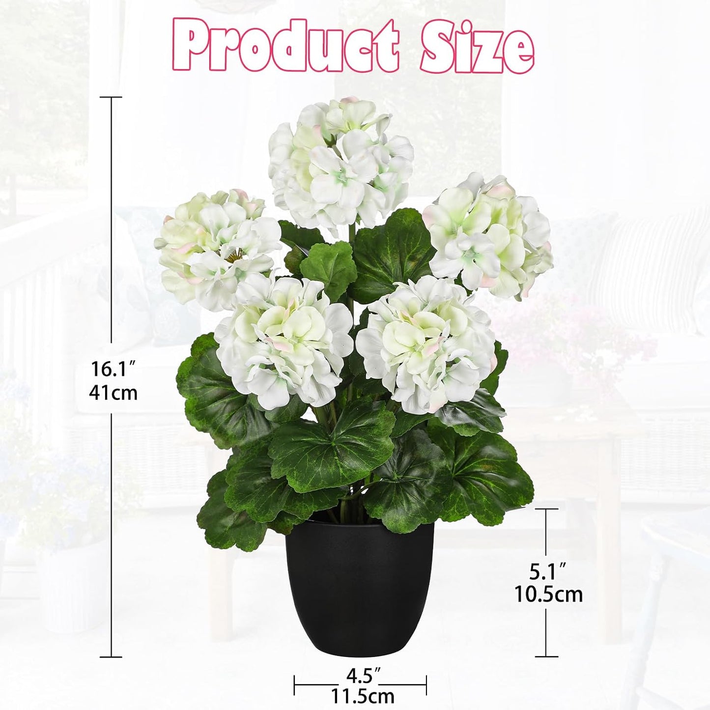 Artificial Geranium Potted Plant – 16” Tall, Realistic Silk Flowers with Vibrant Green Leaves, Pink White Geraniums Fake Flowers for Outdoors Home Décor, Wedding Farmhouse Office Tables Decor