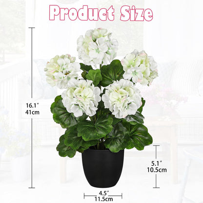 Artificial Geranium Potted Plant – 16” Tall, Realistic Silk Flowers with Vibrant Green Leaves, Pink White Geraniums Fake Flowers for Outdoors Home Décor, Wedding Farmhouse Office Tables Decor