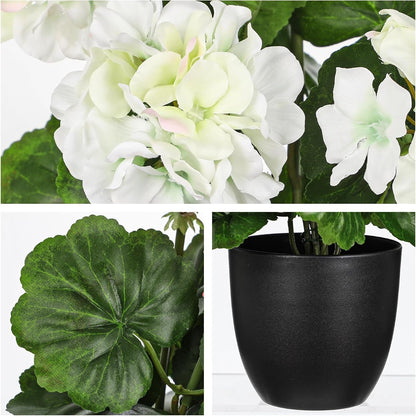 Artificial Geranium Potted Plant – 16” Tall, Realistic Silk Flowers with Vibrant Green Leaves, Pink White Geraniums Fake Flowers for Outdoors Home Décor, Wedding Farmhouse Office Tables Decor