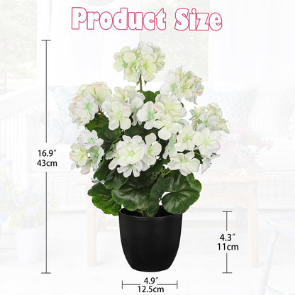 Artificial Geranium Potted Plant – 16” Tall, Realistic Silk Flowers with Vibrant Green Leaves, Pink White Geraniums Fake Flowers for Outdoors Home Décor, Wedding Farmhouse Office Tables Decor