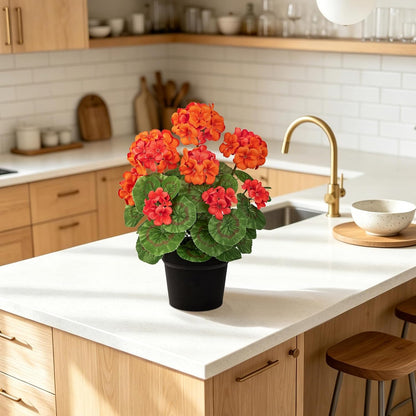 Artificial Geranium Potted Plant – 16” Tall, Realistic Silk Flowers with Vibrant Green Leaves, Pink White Geraniums Fake Flowers for Outdoors Home Décor, Wedding Farmhouse Office Tables Decor