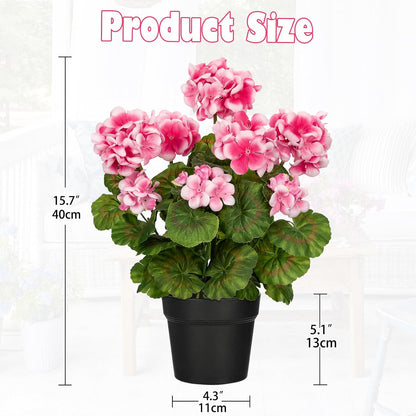 Artificial Geranium Potted Plant – 16” Tall, Realistic Silk Flowers with Vibrant Green Leaves, Pink White Geraniums Fake Flowers for Outdoors Home Décor, Wedding Farmhouse Office Tables Decor