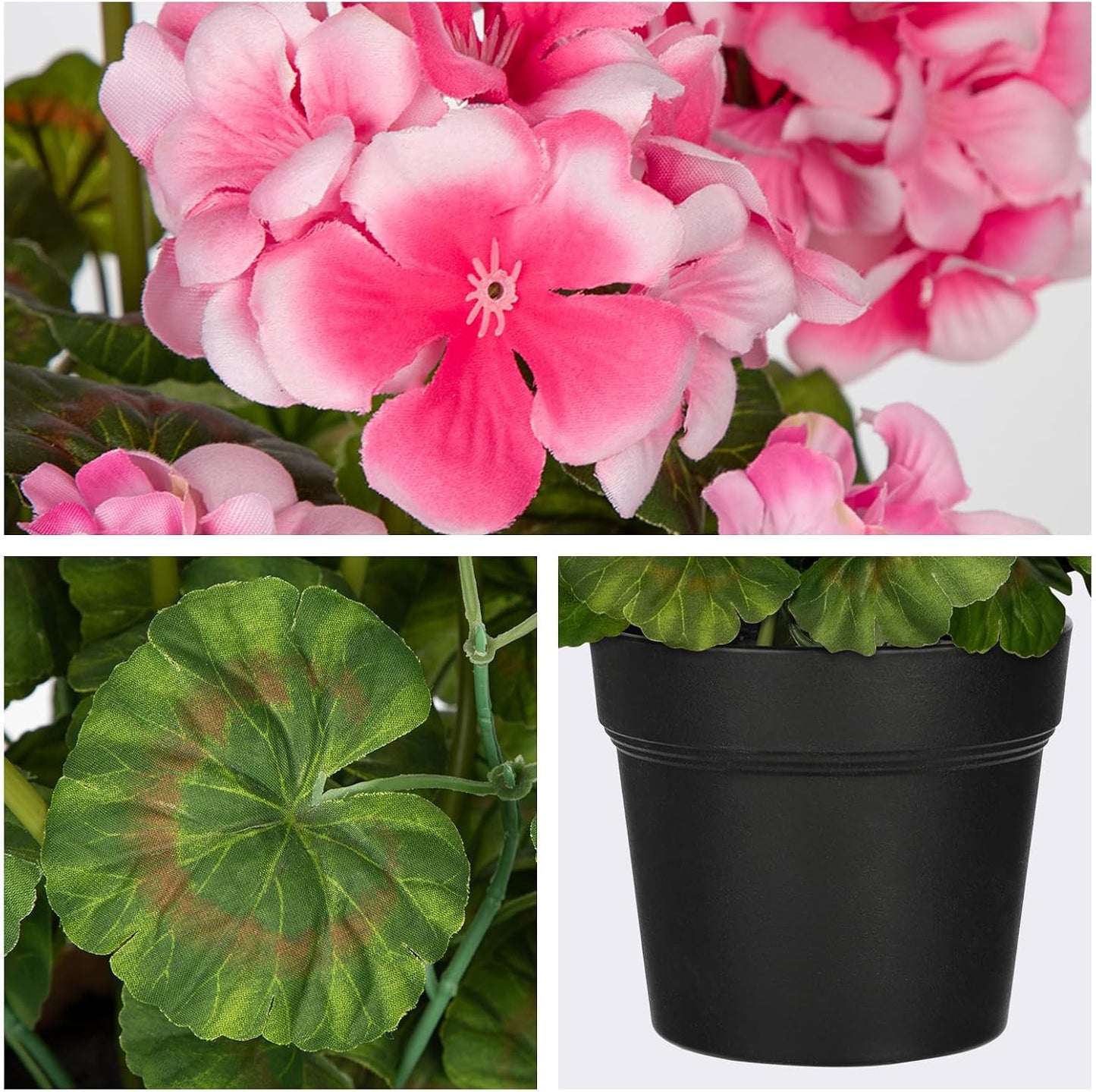 Artificial Geranium Potted Plant – 16” Tall, Realistic Silk Flowers with Vibrant Green Leaves, Pink White Geraniums Fake Flowers for Outdoors Home Décor, Wedding Farmhouse Office Tables Decor