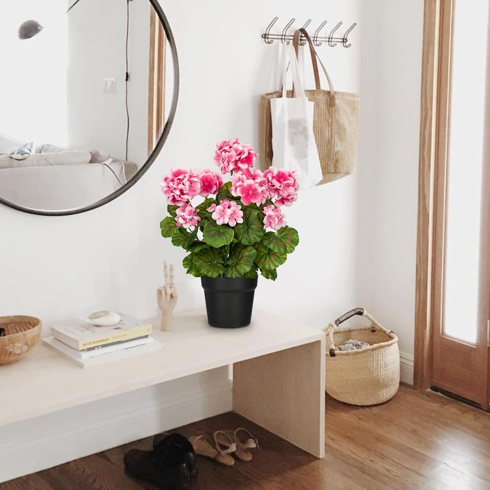Artificial Geranium Potted Plant – 16” Tall, Realistic Silk Flowers with Vibrant Green Leaves, Pink White Geraniums Fake Flowers for Outdoors Home Décor, Wedding Farmhouse Office Tables Decor