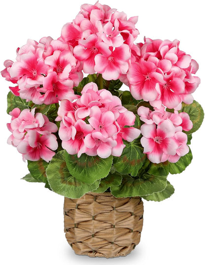 Artificial Geranium Potted Plant – 16” Tall, Realistic Silk Flowers with Vibrant Green Leaves, Pink White Geraniums Fake Flowers for Outdoors Home Décor, Wedding Farmhouse Office Tables Decor