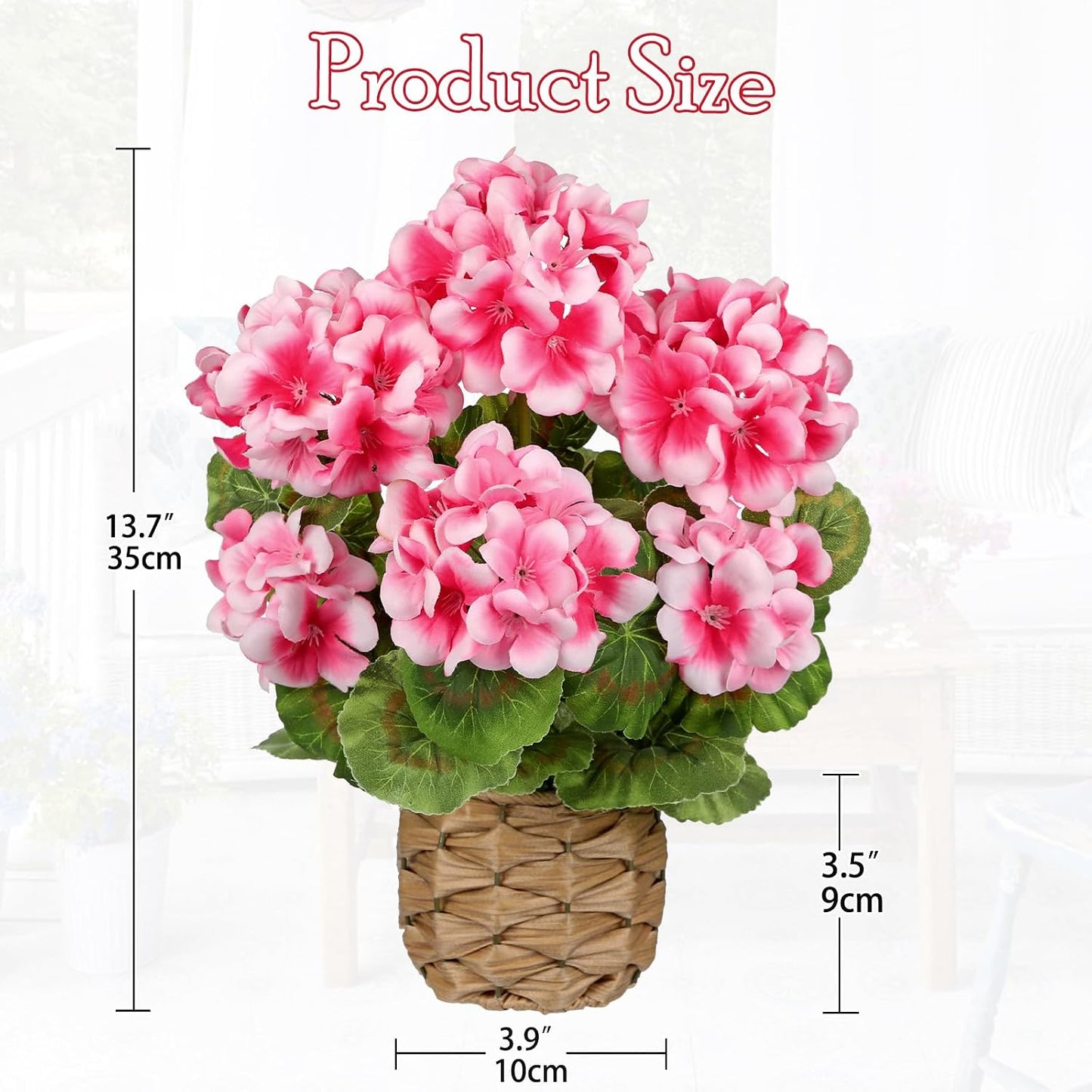 Artificial Geranium Potted Plant – 16” Tall, Realistic Silk Flowers with Vibrant Green Leaves, Pink White Geraniums Fake Flowers for Outdoors Home Décor, Wedding Farmhouse Office Tables Decor